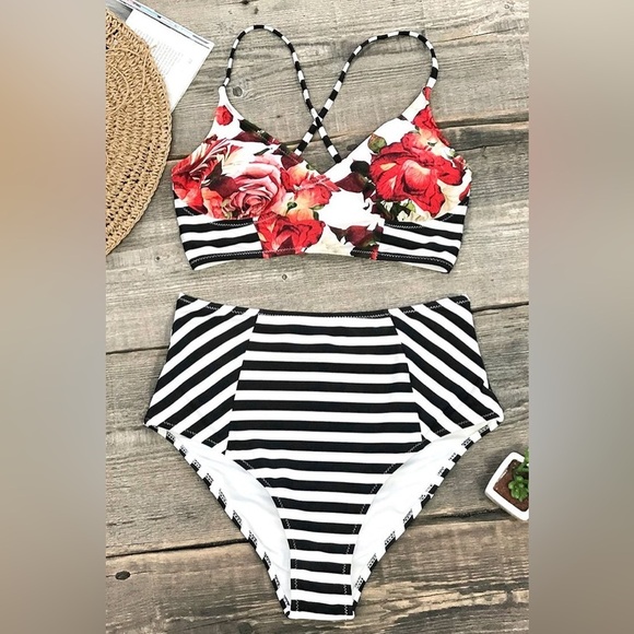 Cupshe Garden Floral and Stripe Bikini High Waisted NWT Size 1X Swimsuit 2 Piece - Picture 2 of 9